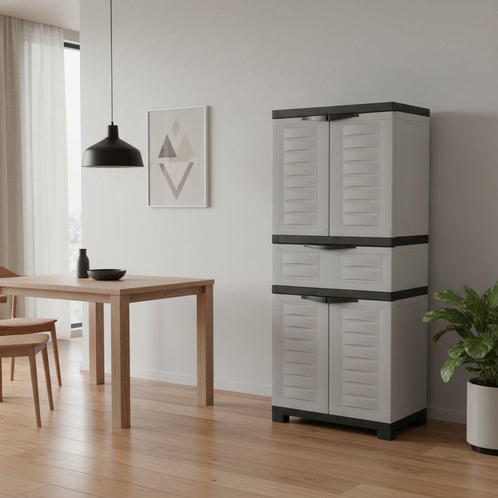 57" Black And Gray Heavy Duty Plastic Four Door Utility Cabinet