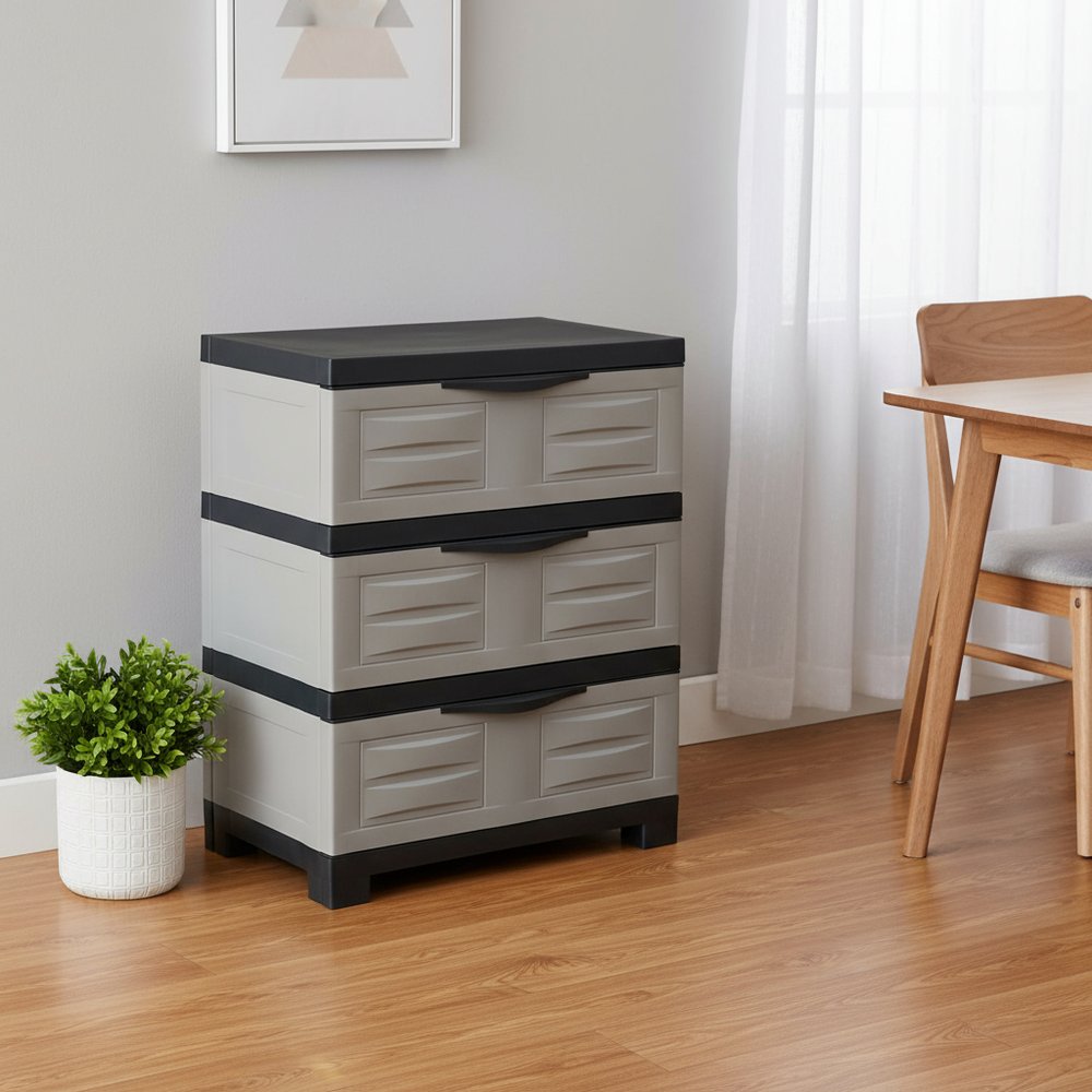 23" Gray and Black Plastic Accent Cabinet With Three Drawers