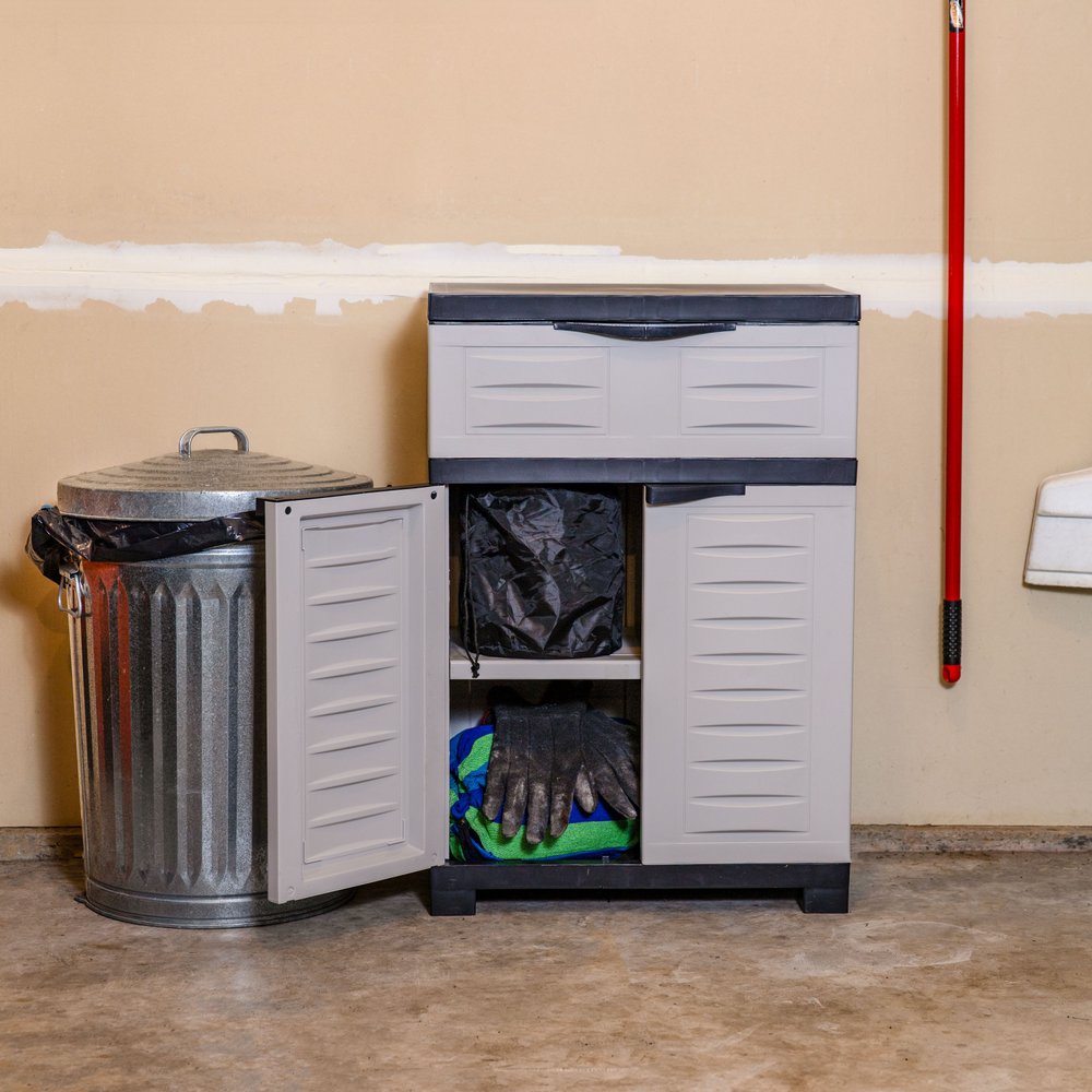 35" Gray Heavy Duty Plastic Two Door One Drawer Utility Cabinet