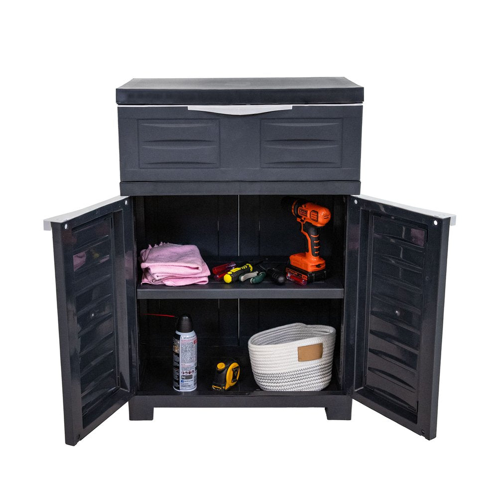 35" Dark Gray Heavy Duty Plastic Two Door One Drawer Utility Cabinet