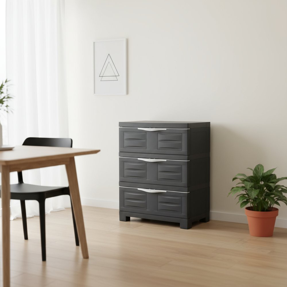 30" Dark Gray Heavy Duty Plastic Three Drawer Utility Cabinet