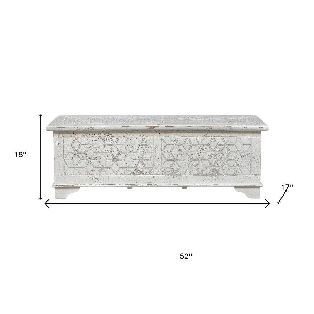 52" White Rustic Solid Wood Geometric Storage Ottoman