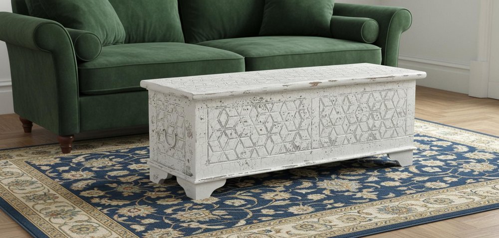 52" White Rustic Solid Wood Geometric Storage Ottoman
