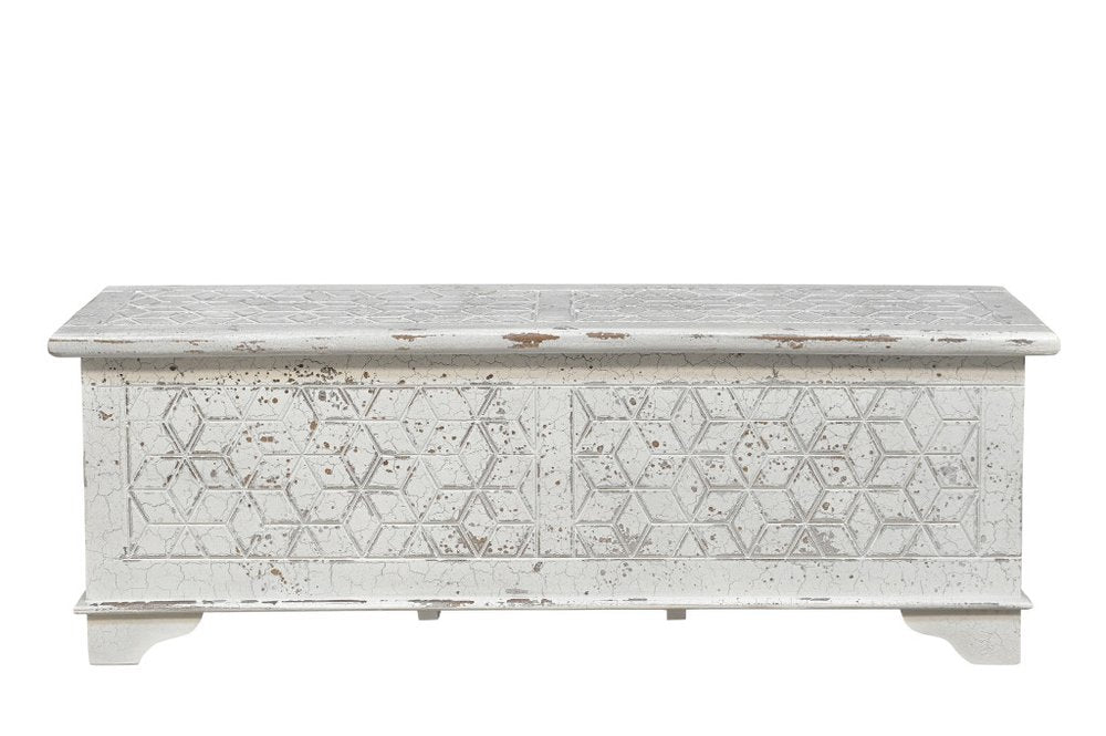 52" White Rustic Solid Wood Geometric Storage Ottoman