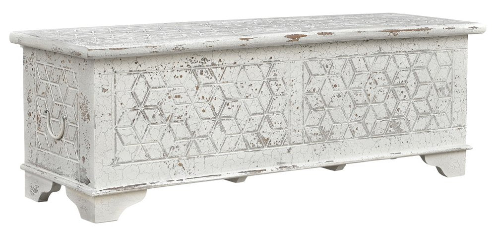 52" White Rustic Solid Wood Geometric Storage Ottoman