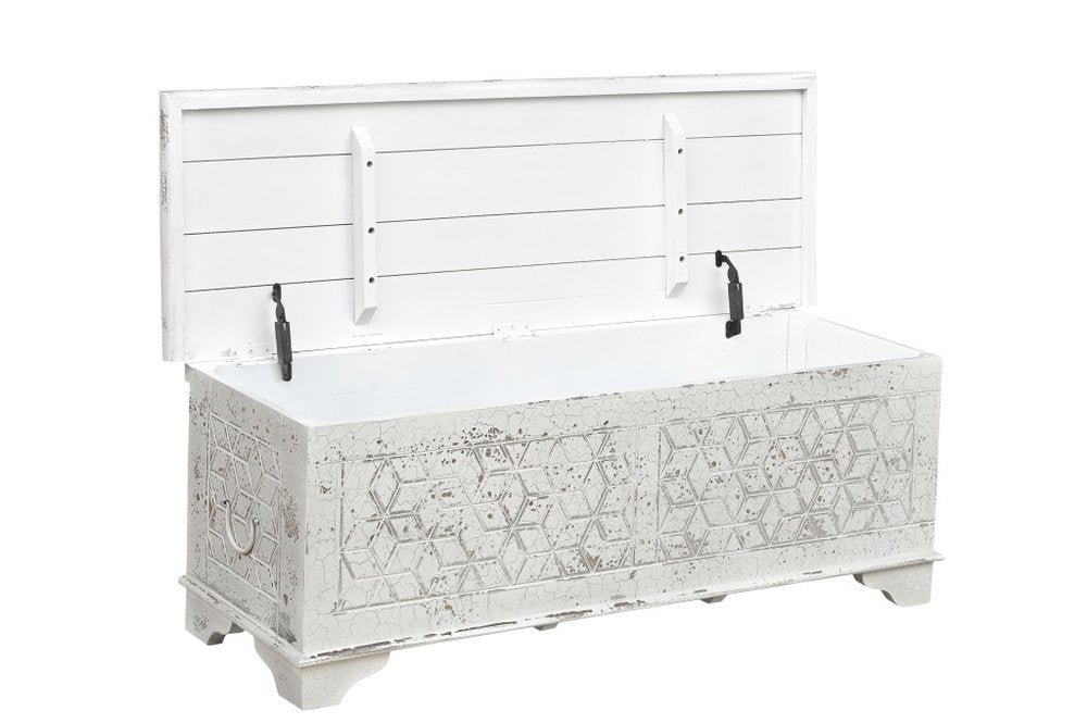 52" White Rustic Solid Wood Geometric Storage Ottoman