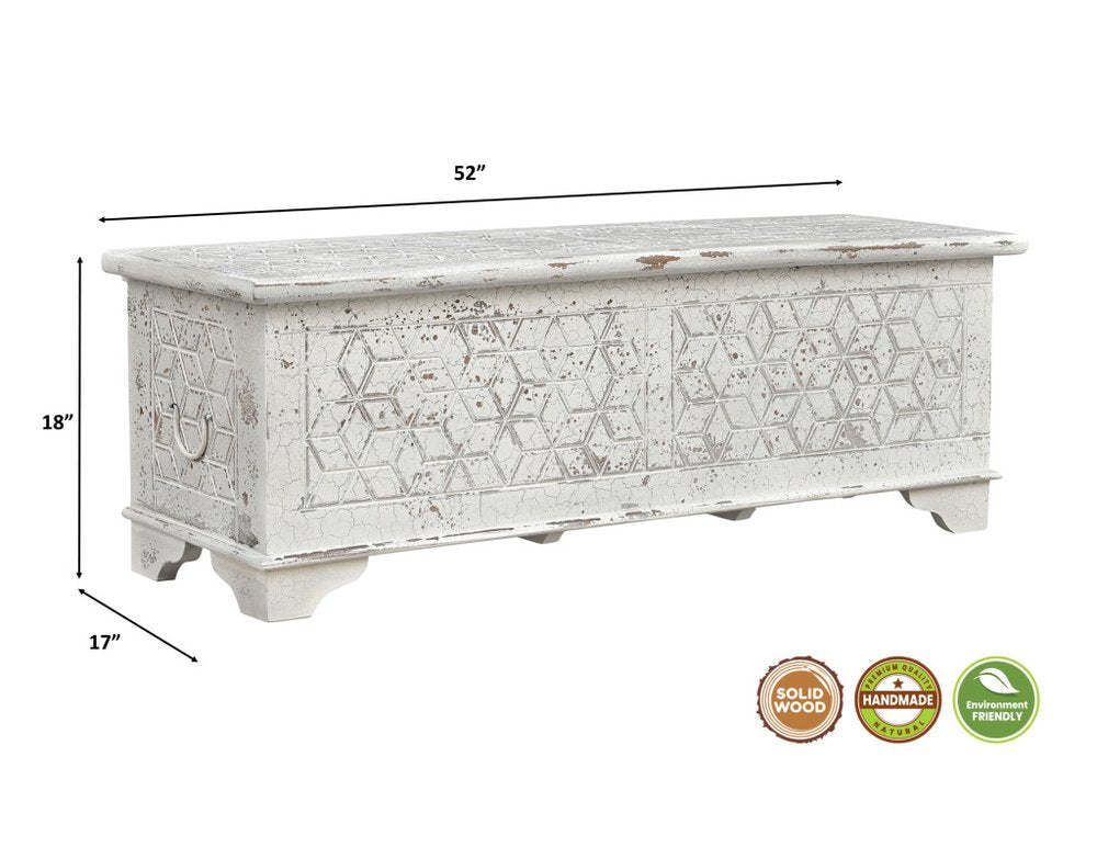 52" White Rustic Solid Wood Geometric Storage Ottoman