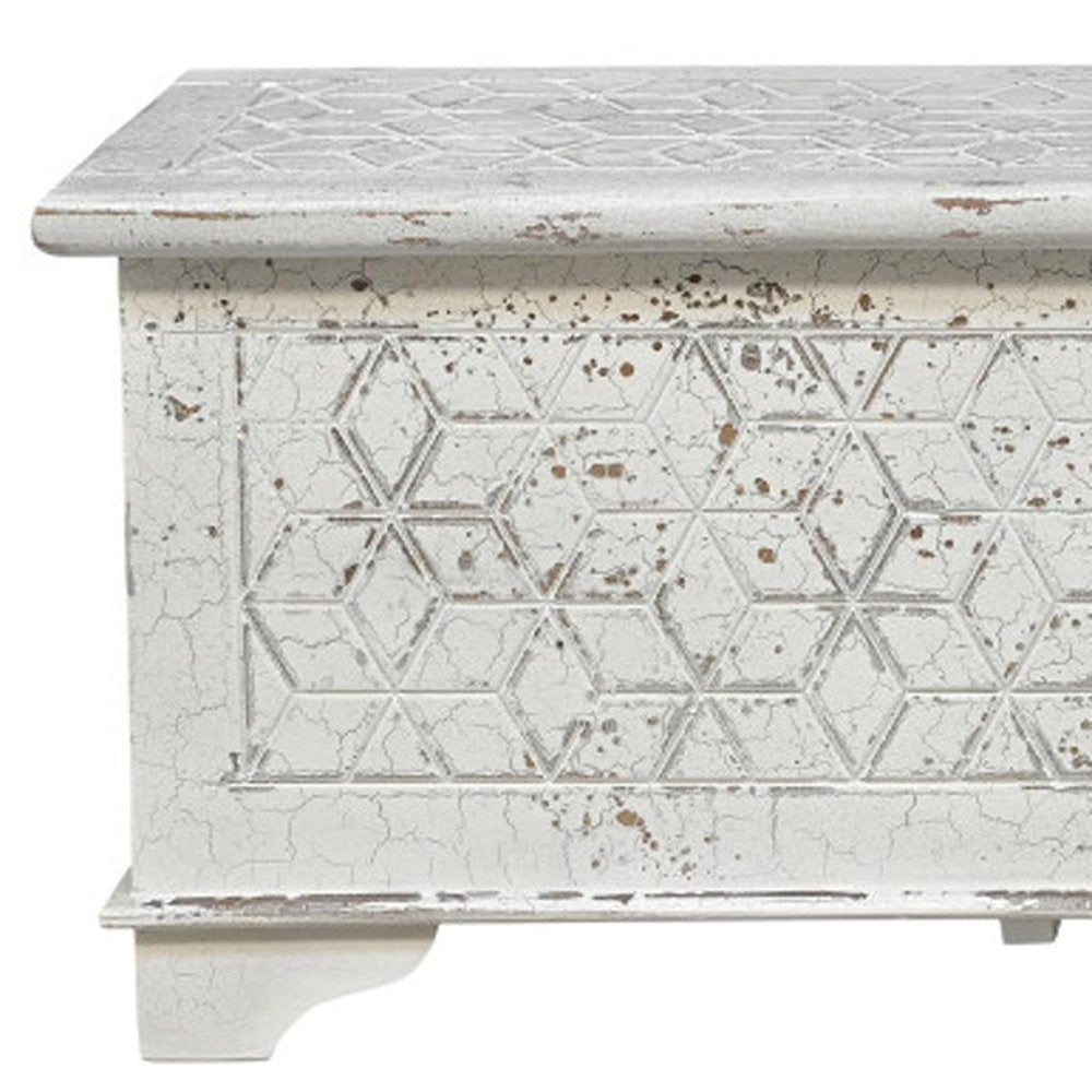 52" White Rustic Solid Wood Geometric Storage Ottoman