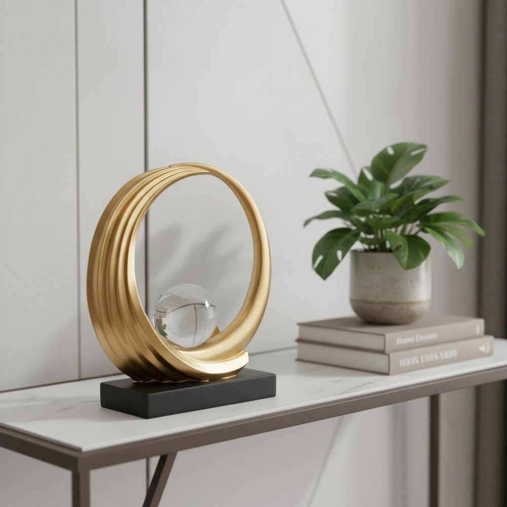 11" Gold Hand Painted Abstract Crystal Ball Tabletop Sculpture