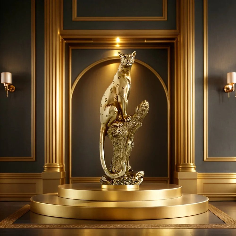 13" Bronze Resin Leopard Hand Painted Tabletop Sculpture