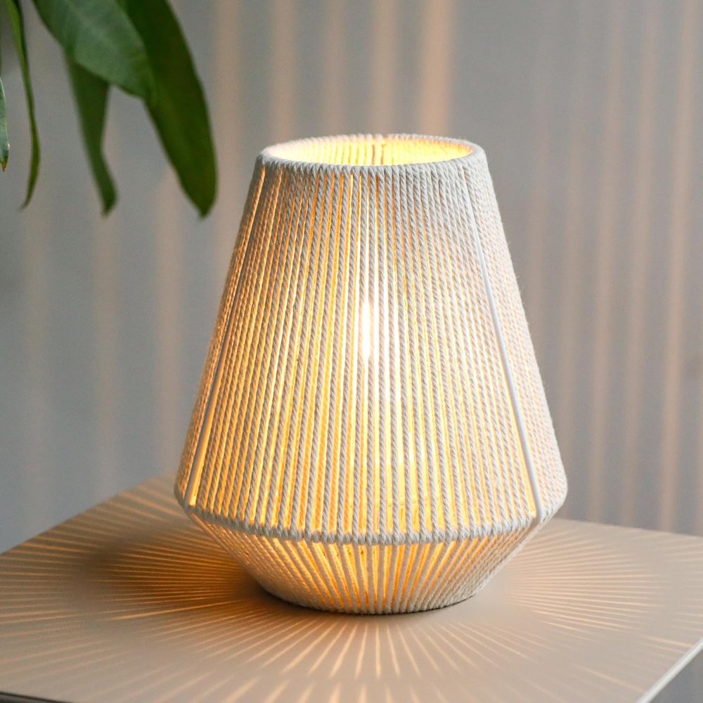 7" Beige Battery Operated Geometric String Shade Desk Lamp