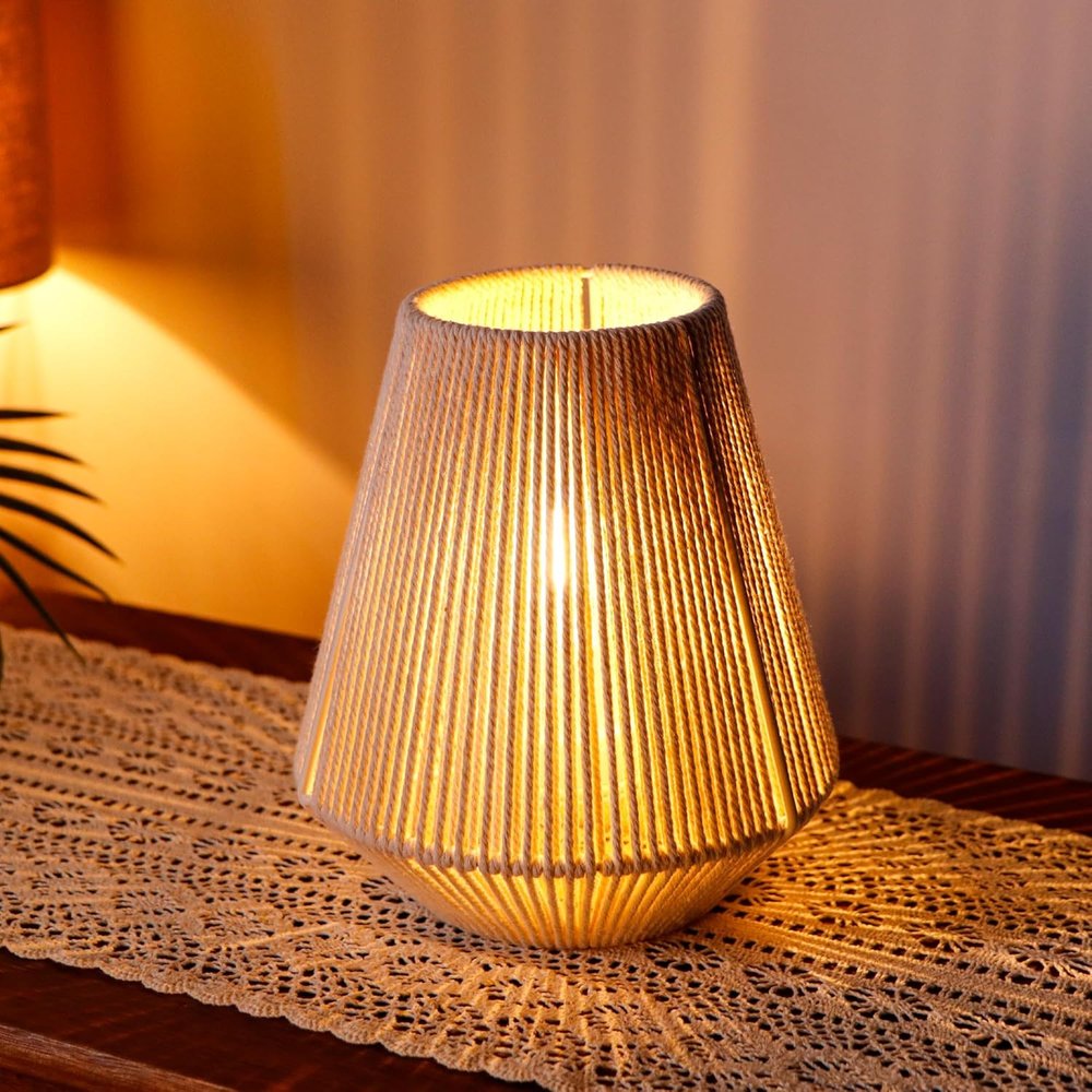7" Beige Battery Operated Geometric String Shade Desk Lamp
