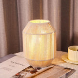 7" Beige Battery Operated Geometric Desk Lamp With Novelty Shade