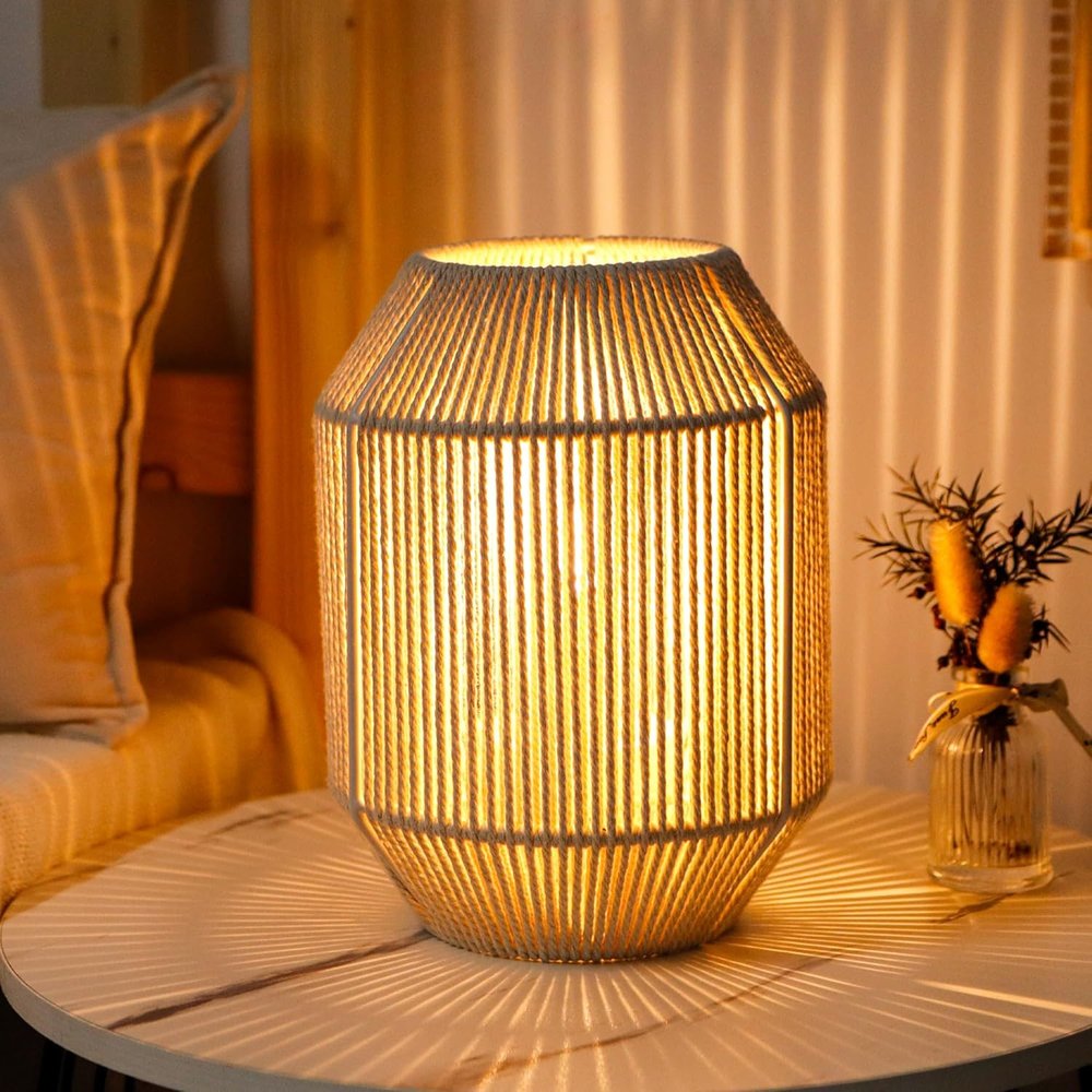 7" Beige Battery Operated Geometric Desk Lamp With Novelty Shade