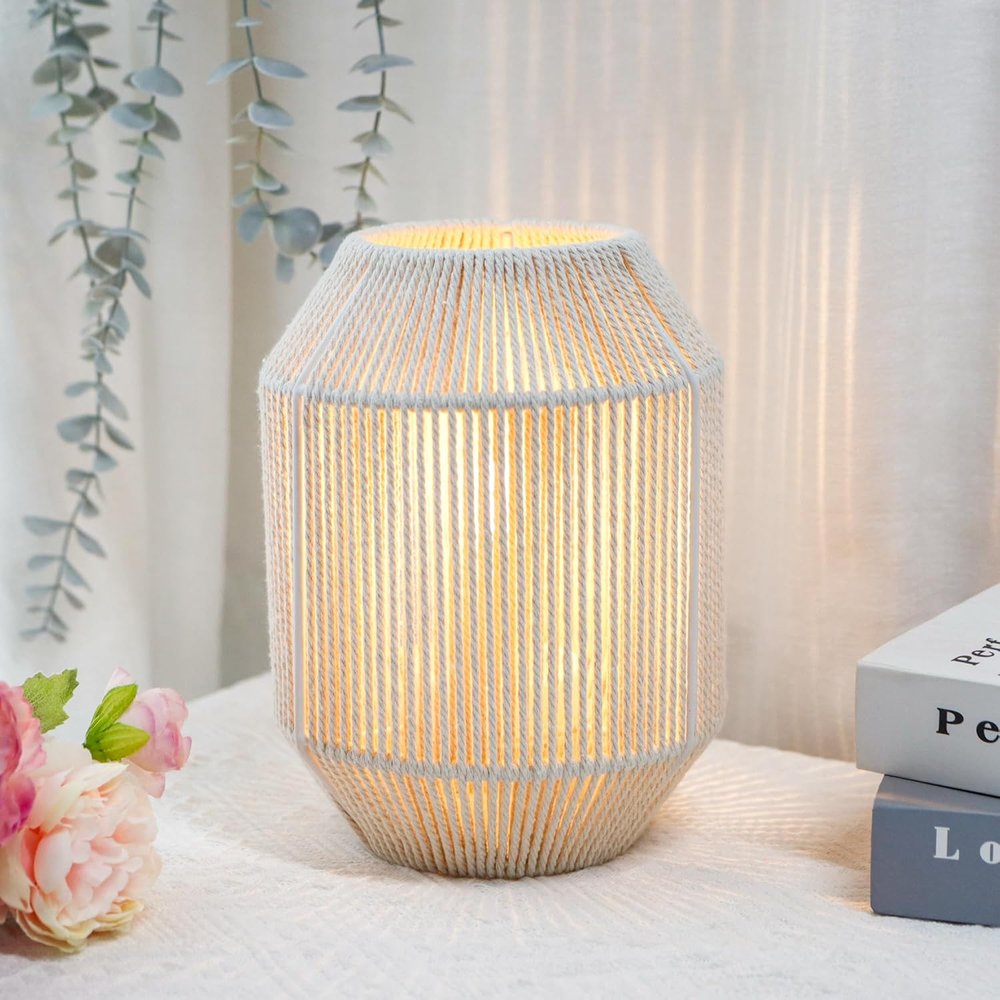 7" Beige Battery Operated Geometric Desk Lamp With Novelty Shade