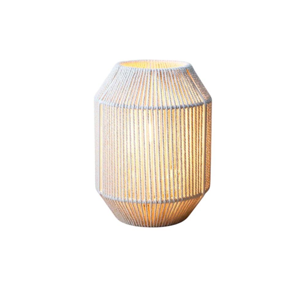 7" Beige Battery Operated Geometric Desk Lamp With Novelty Shade