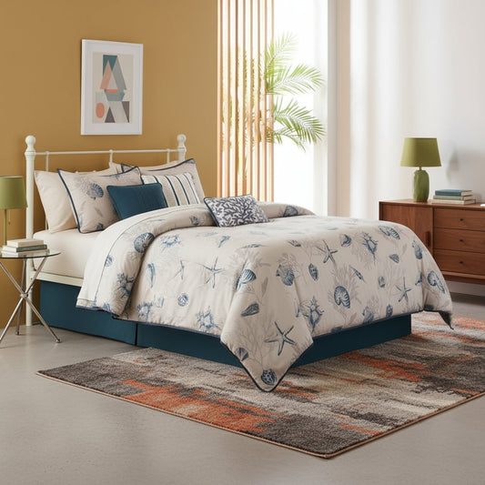 Set of Seven Blue And Ivory King Ring Stitch Sham And Comforter