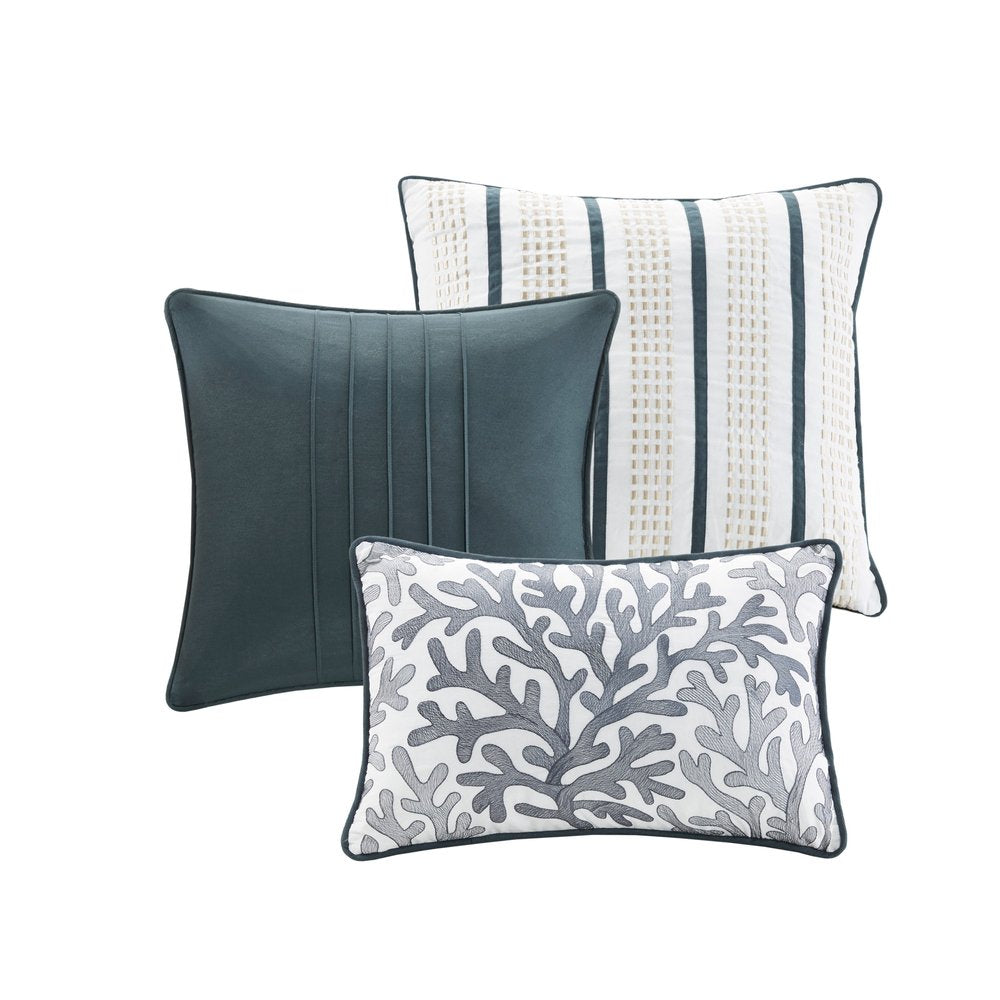 Set of Seven Blue And Ivory King Ring Stitch Sham And Comforter