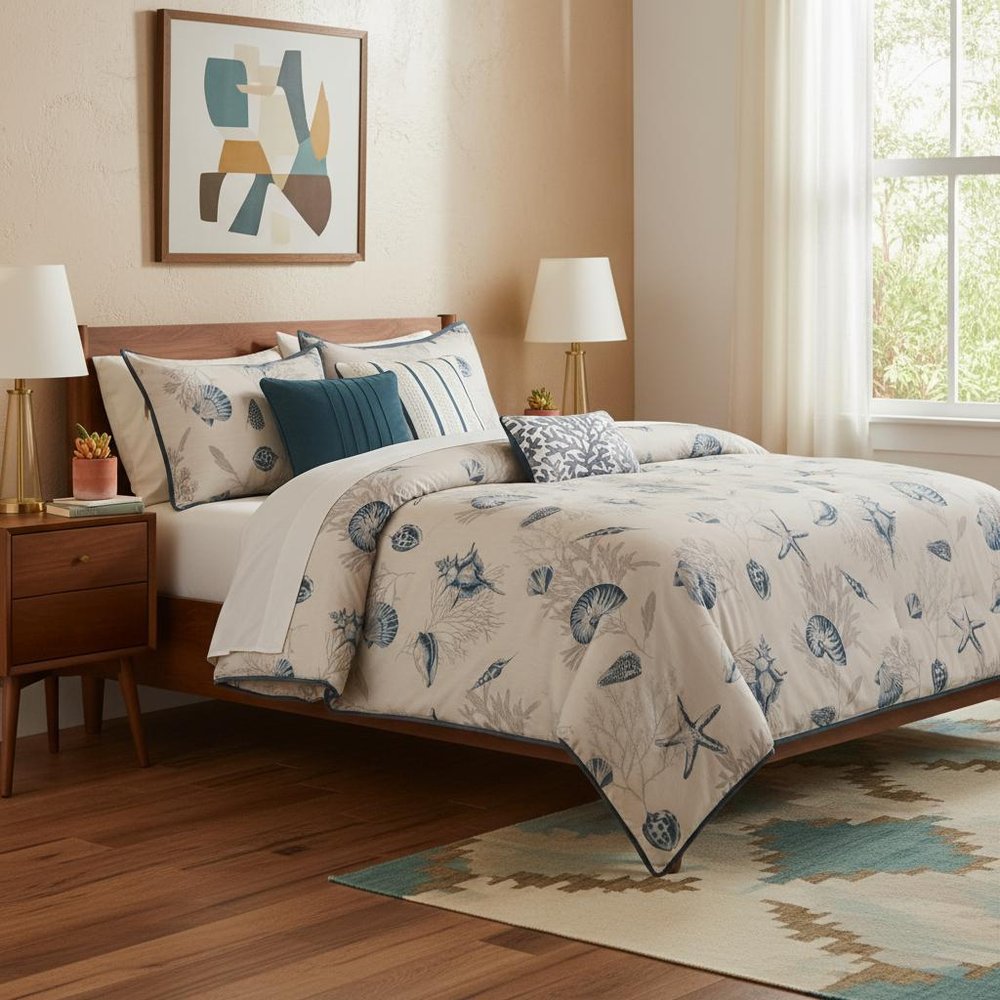 Set of Seven Blue And Ivory Shells and Starfish King Ring Stitch Comforter And Sham