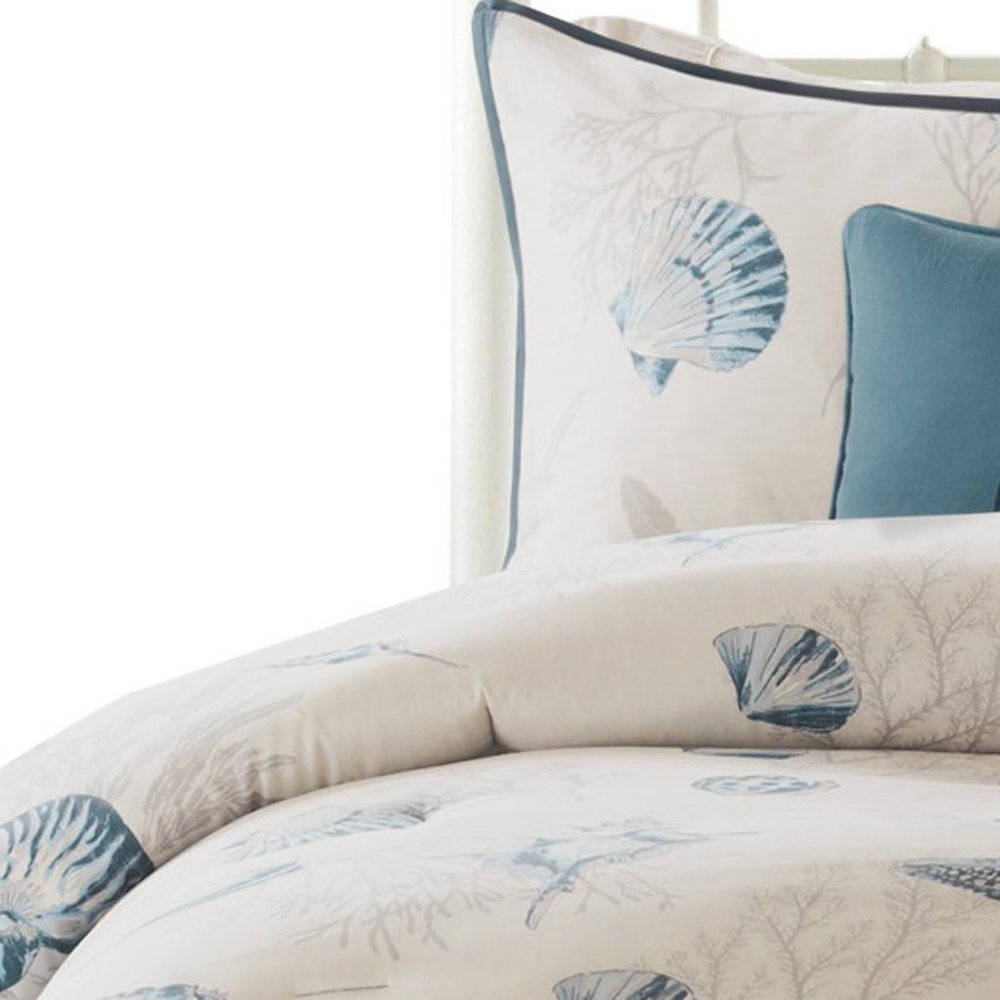 Set of Seven Blue And Ivory Shells and Starfish King Ring Stitch Comforter And Sham