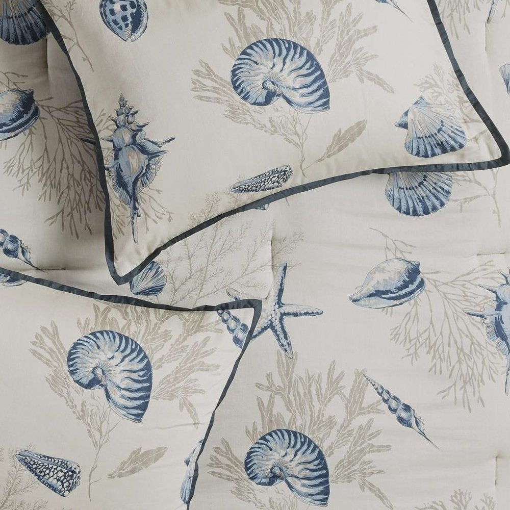 Set of Seven Blue And Ivory Shells and Starfish King Ring Stitch Comforter And Sham