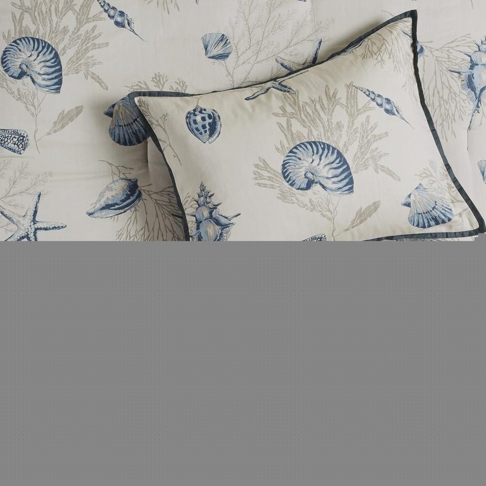 Set of Seven Blue And Ivory Shells and Starfish King Ring Stitch Comforter And Sham