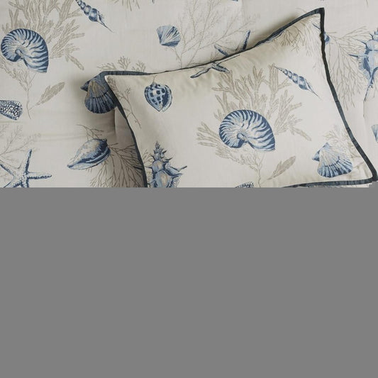 Set of Seven Blue And Ivory Shells and Starfish King Ring Stitch Comforter And Sham