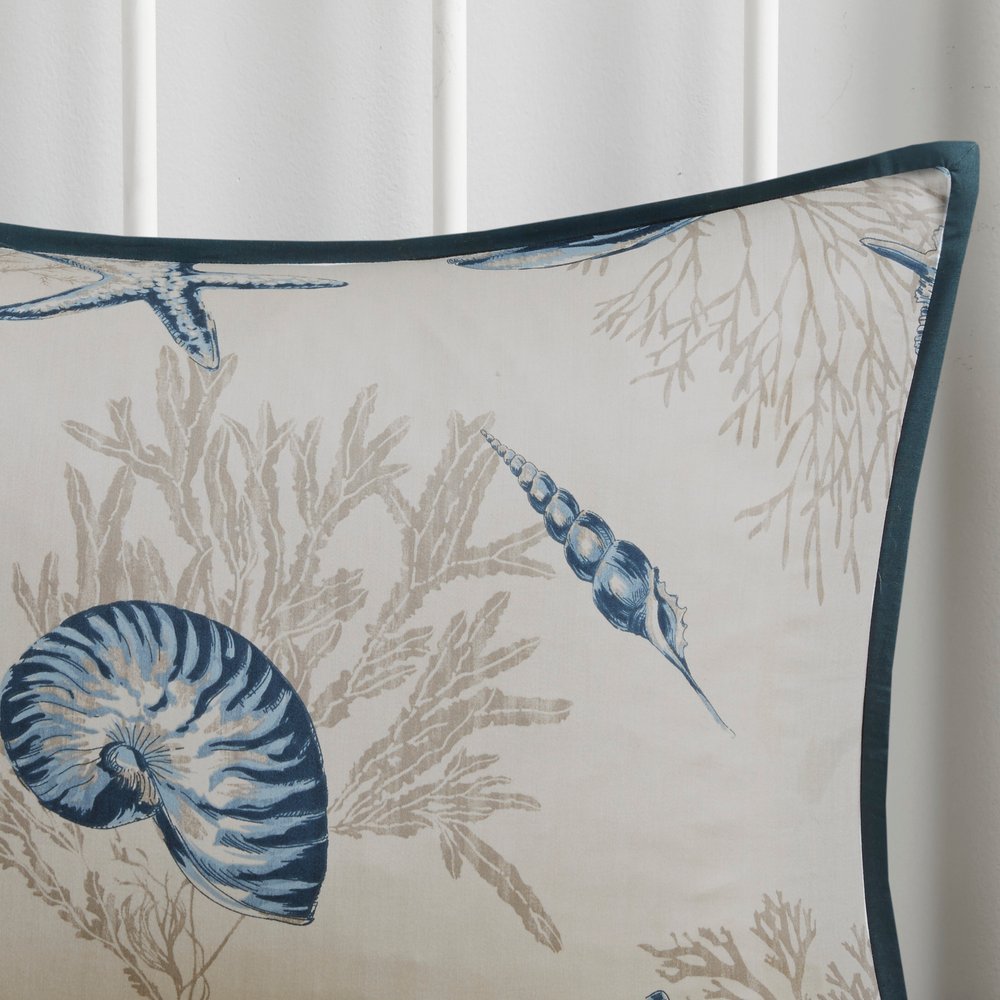 Set of Seven Blue And Ivory Shells and Starfish King Ring Stitch Comforter And Sham