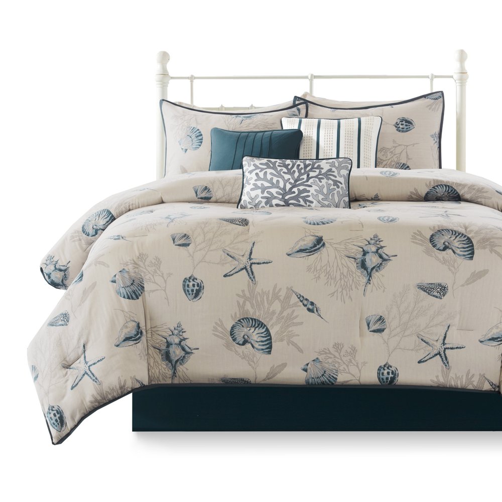 Set of Seven Blue And Ivory Queen Ring Stitch Sham And Comforter
