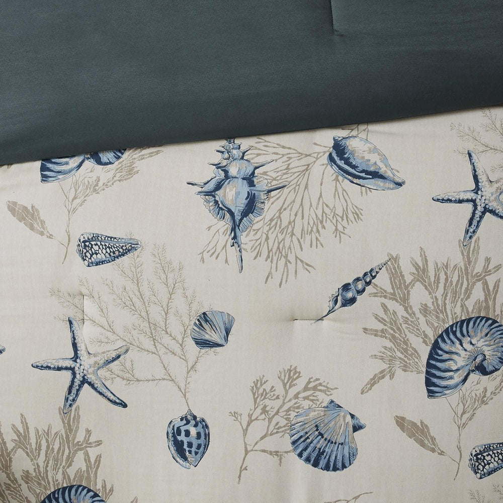 Set of Seven Blue And Ivory Queen Ring Stitch Sham And Comforter