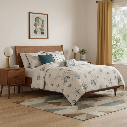 Set of Seven Blue And Ivory Queen Ring Stitch Sham And Comforter