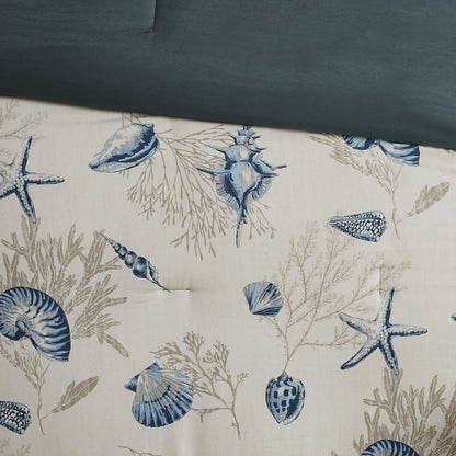Set of Seven Blue And Ivory Queen Ring Stitch Sham And Comforter