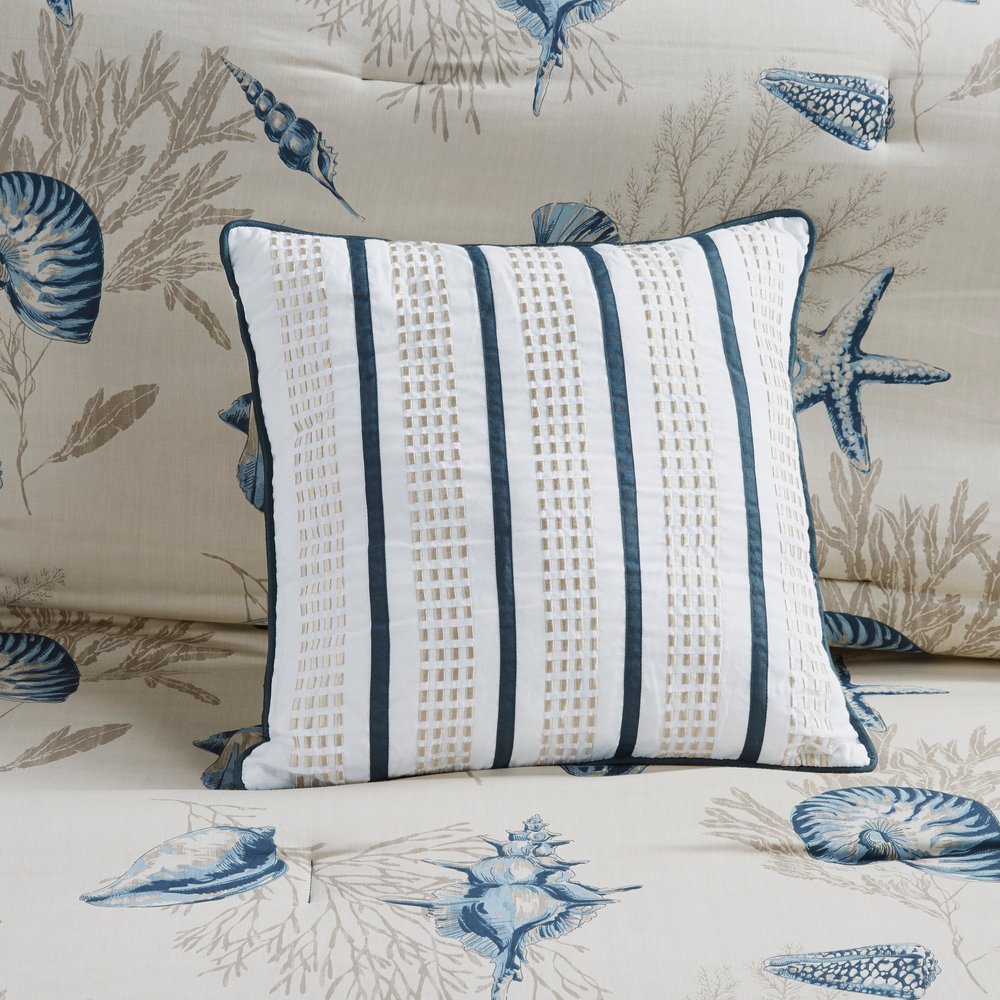 Set of Seven Blue And Ivory Queen Ring Stitch Sham And Comforter