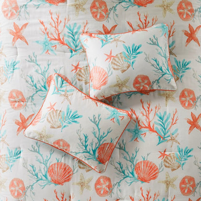 Set of Seven Aqua And Coral King Ring Stitch Sham And Comforter