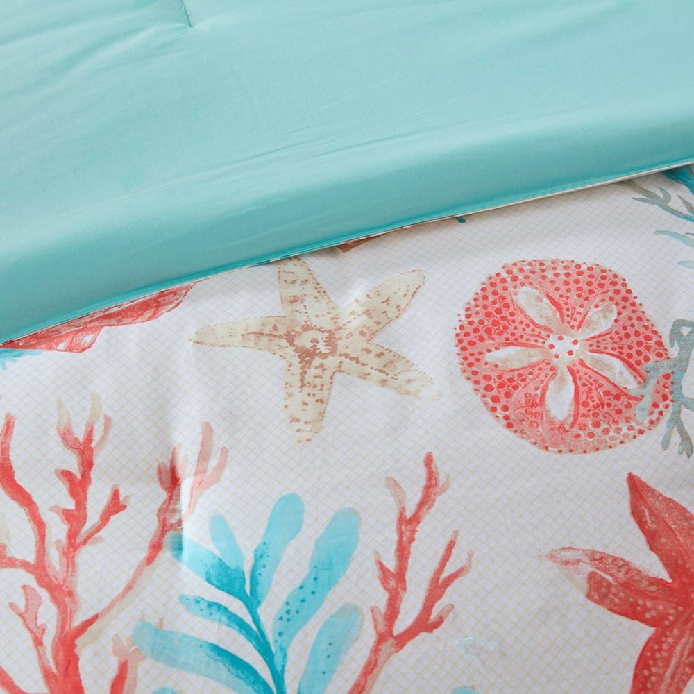Set of Seven Aqua And Coral King Ring Stitch Sham And Comforter