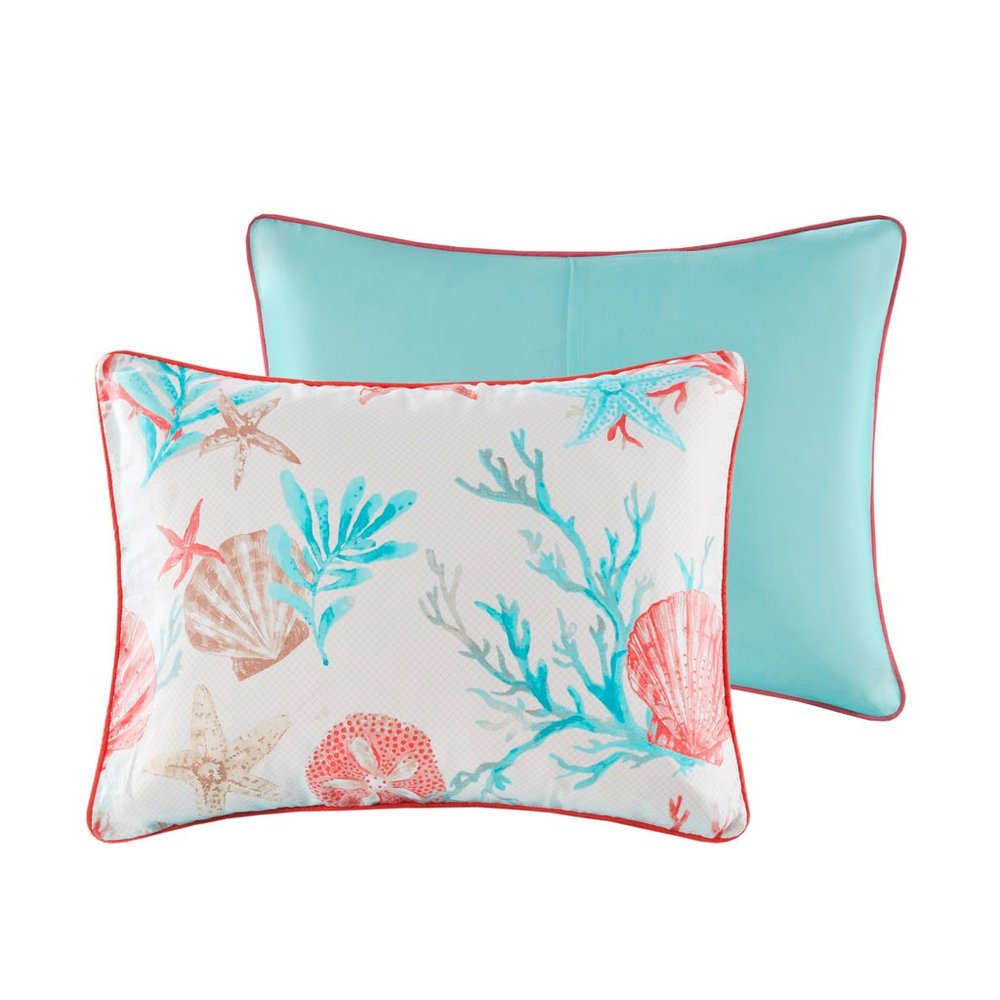 Set of Seven Aqua And Coral King Ring Stitch Sham And Comforter