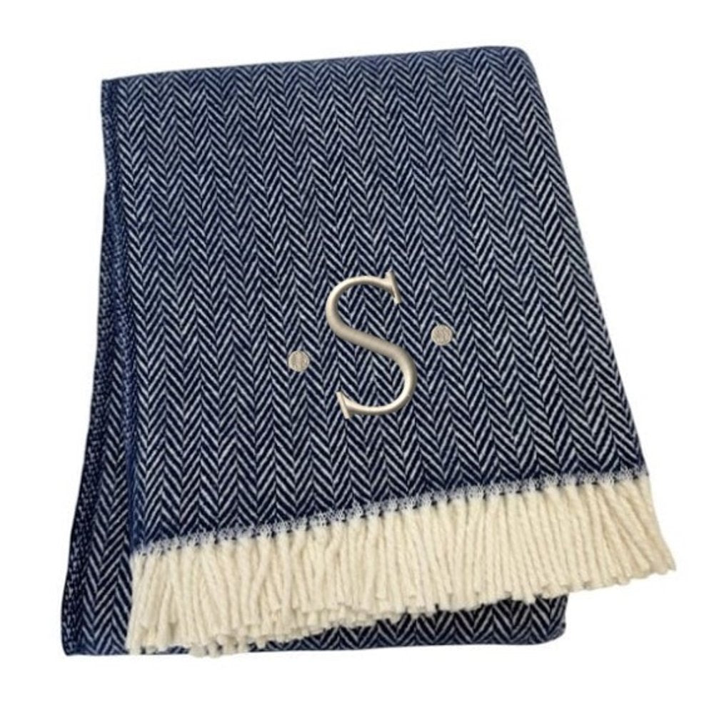 55" X 70" Navy Blue And White Herringbone Cotton Blend S Initial Throw Blanket with Tassels And Embroidery