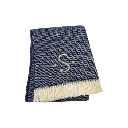 55" X 70" Navy Blue And White Herringbone Cotton Blend S Initial Throw Blanket with Tassels And Embroidery