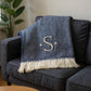 55" X 70" Navy Blue And White Herringbone Cotton Blend S Initial Throw Blanket with Tassels And Embroidery