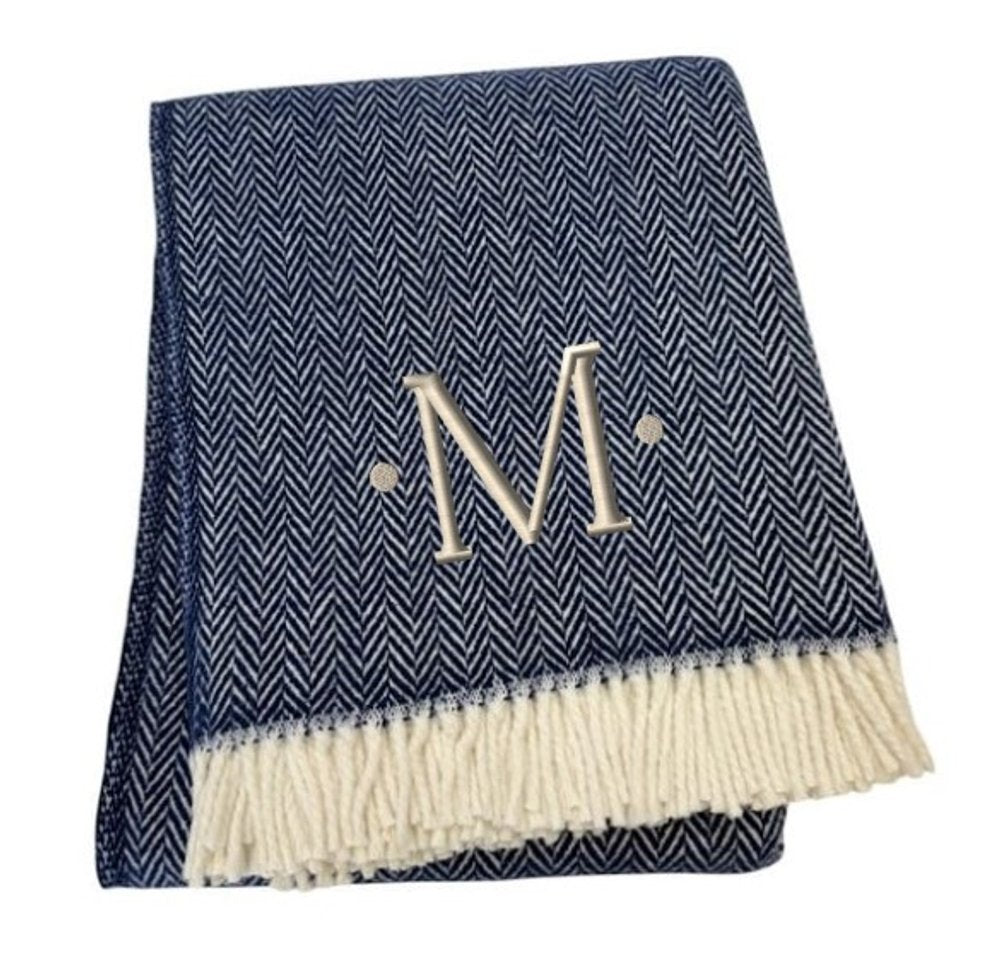 55" X 70" Navy Blue And White Herringbone Cotton Blend S Initial Throw Blanket with Tassels And Embroidery