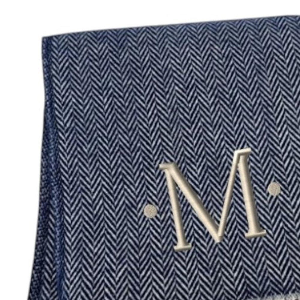55" X 70" Navy Blue And White Herringbone Cotton Blend S Initial Throw Blanket with Tassels And Embroidery