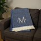 55" X 70" Navy Blue And White Herringbone Cotton Blend S Initial Throw Blanket with Tassels And Embroidery