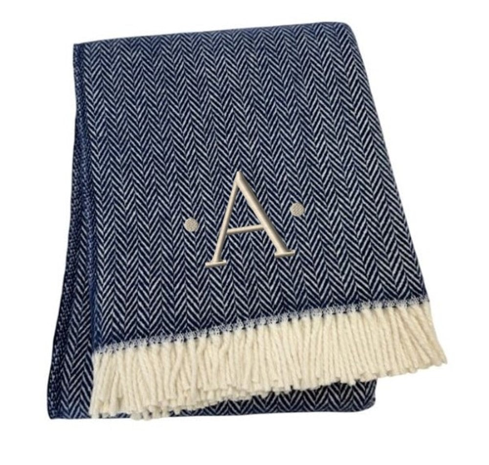 55" X 70" Navy Blue And White Herringbone Cotton Blend S Initial Throw Blanket with Tassels And Embroidery