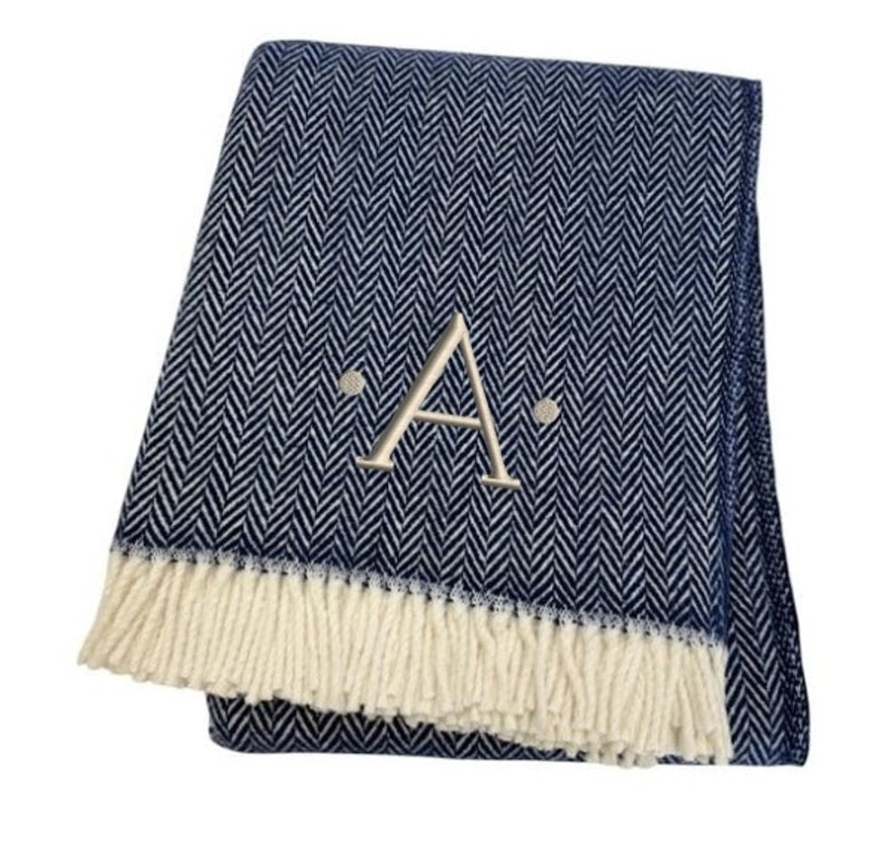 55" X 70" Navy Blue And White Herringbone Cotton Blend S Initial Throw Blanket with Tassels And Embroidery