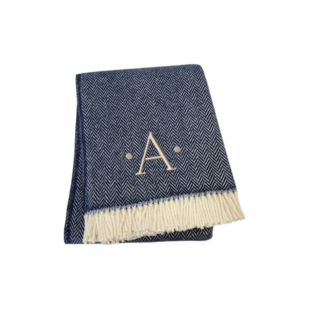 55" X 70" Navy Blue And White Herringbone Cotton Blend S Initial Throw Blanket with Tassels And Embroidery
