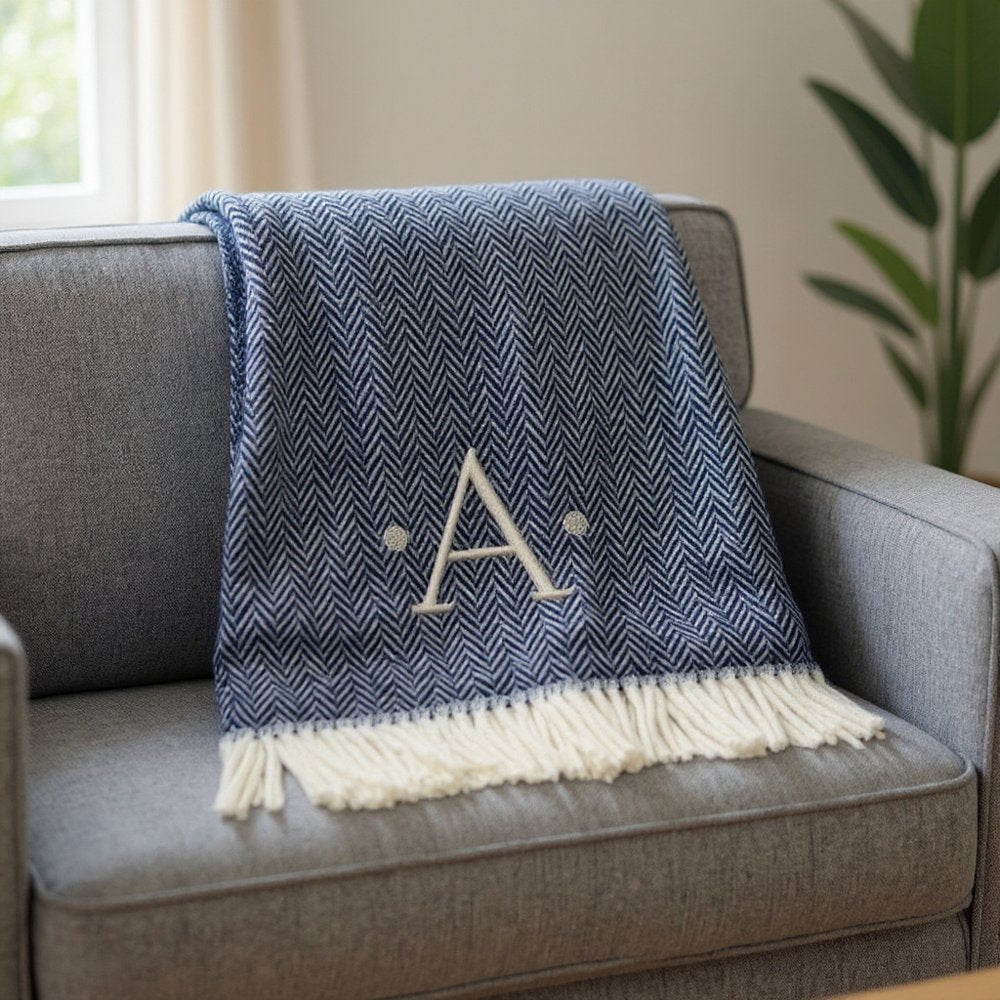 55" X 70" Navy Blue And White Herringbone Cotton Blend S Initial Throw Blanket with Tassels And Embroidery