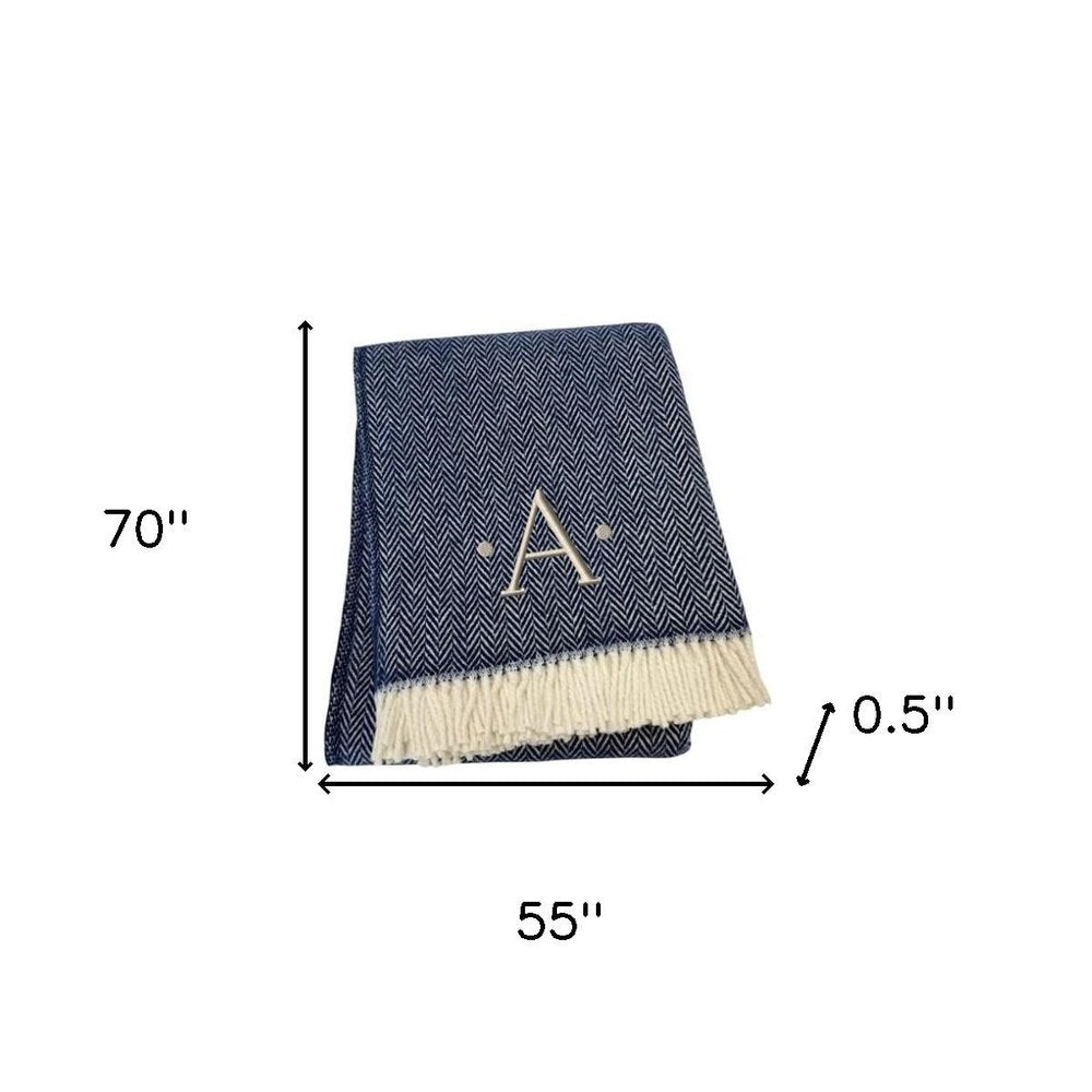 55" X 70" Navy Blue And White Herringbone Cotton Blend S Initial Throw Blanket with Tassels And Embroidery