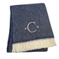 55" X 70" Navy Blue And White Herringbone Cotton Blend S Initial Throw Blanket with Tassels And Embroidery