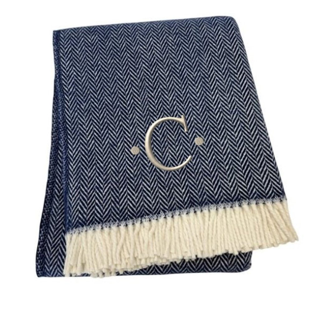 55" X 70" Navy Blue And White Herringbone Cotton Blend S Initial Throw Blanket with Tassels And Embroidery