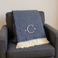55" X 70" Navy Blue And White Herringbone Cotton Blend S Initial Throw Blanket with Tassels And Embroidery